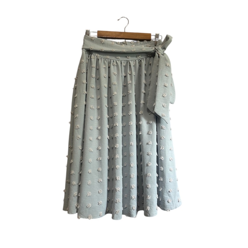 Belle Poque Women Blue Midi Skirt Textured Pom Pom Tie Waist Elastic Smocked Med
